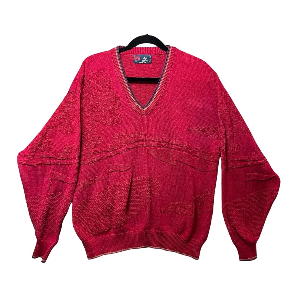 Vintage Isle of Cotton Golf Red Textured V-Neck Sweater Mens Large Made‎ in USA